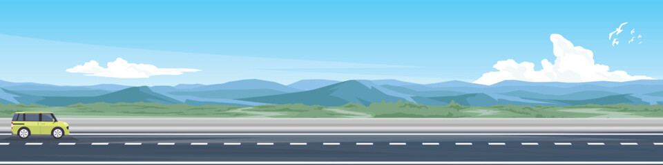 Fototapeta premium Horizontal or Landscape of traveling of featuring car driving along a long asphalt highway. Through a flat landscape with distant mountains under a blue sky. Free space on the sky for banner.