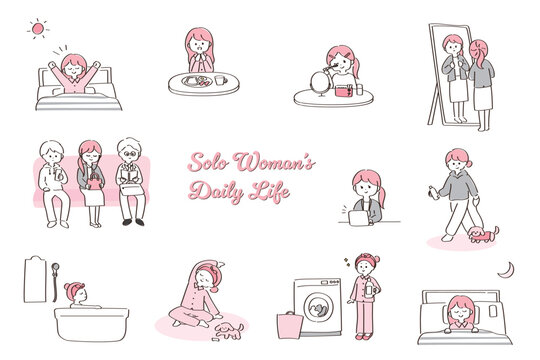 1人暮らしの女性の1日のかわいいベクターイラストセット