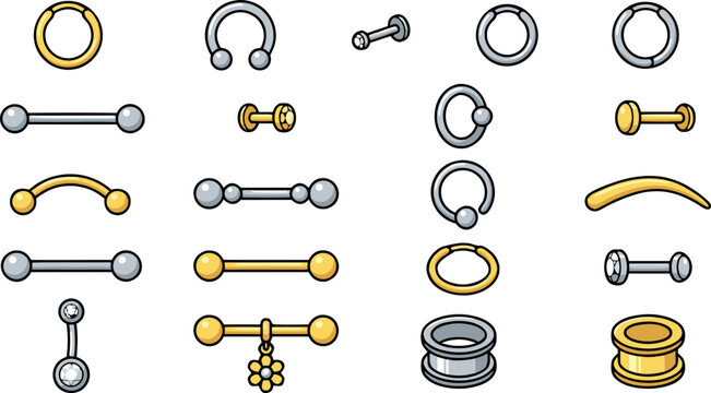 Body Piercing Jewelry Vector Icon Set with Barbells Hoops Studs Labrets and Ear Gauges for Tattoo Studio Branding and Alternative Fashion Merchandising