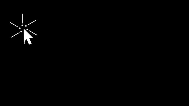 Mouse cursor click icon with white pointer, burst lines, and black empty space. for tutorial videos, website demos, app navigation, click prompts, online courses, UI animations, and motion overlays.