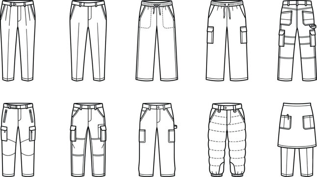 Set of various pants and trousers fashion flat sketches black and white outline vector illustration for apparel design