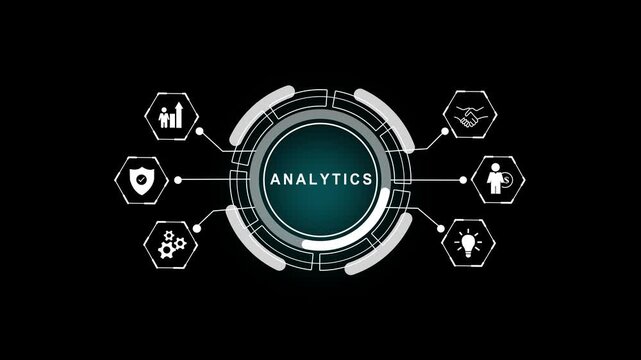 Advanced digital data analysis interface featuring a rotating hud circular ui over a global map background, with interactive business, for corporate technology, and financial reporting