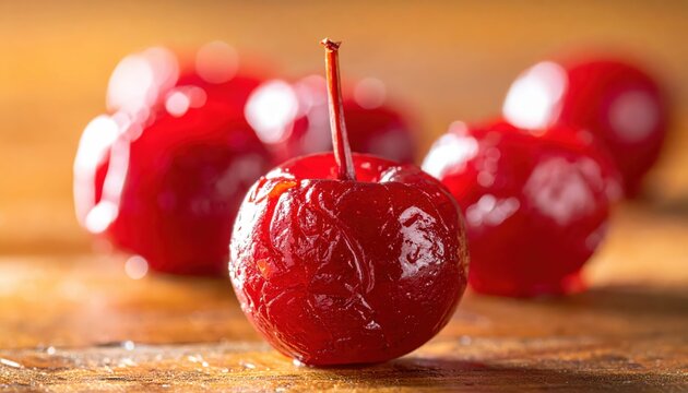 Close-up of a single, glistening candied crabapple with a stem on a wooden surface, surrounded by more blurred red fruits