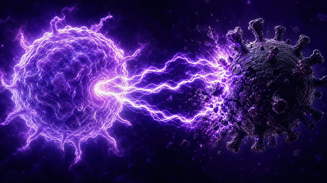 Virus bacteria microbe germ infection disease cell energy electric lightning purple glow science medical medicine health biology microscopic