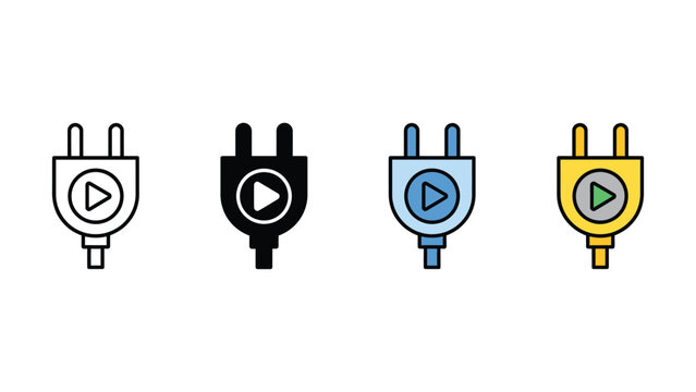 Four different colored play button icons on electrical plug symbols on white background