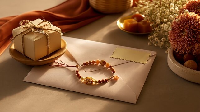 Raksha bandhan themed raksha bandhan celebration with gift box, rakhi, envelope and flowers on wooden table raksha bandhan, raksha bandhan image
