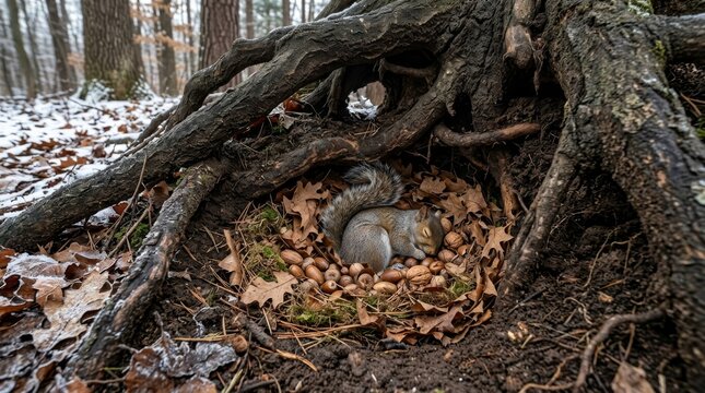 Squirrel's Winter Sanctuary: A grey squirrel rests comfortably amidst a hoard of acorns nestled amongst exposed tree roots and fallen leaves, with a hint of frost on the ground.
