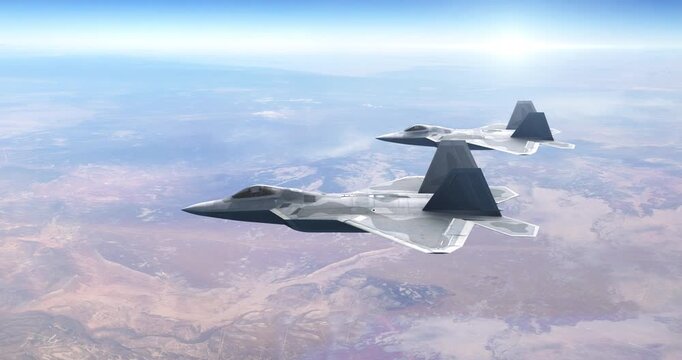 F-22 Raptor stealth fighter jet formation flying above clouds in blue sky. War Related 3D Animation.