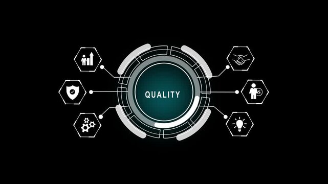 Futuristic blue quality assurance interface with circular HUD and icons on dark background