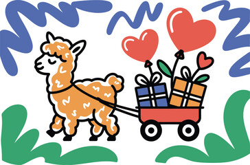 Fototapeta premium Cute cartoon alpaca pulling cart with gift boxes and heart balloons, romantic scene with colorful brush strokes.
