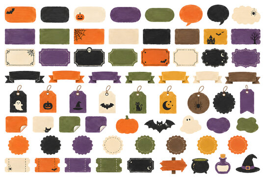 Halloween themed text boxes, price tags, and sticker collection Set of spooky design elements, speech bubbles, and sale tags with cute icons
