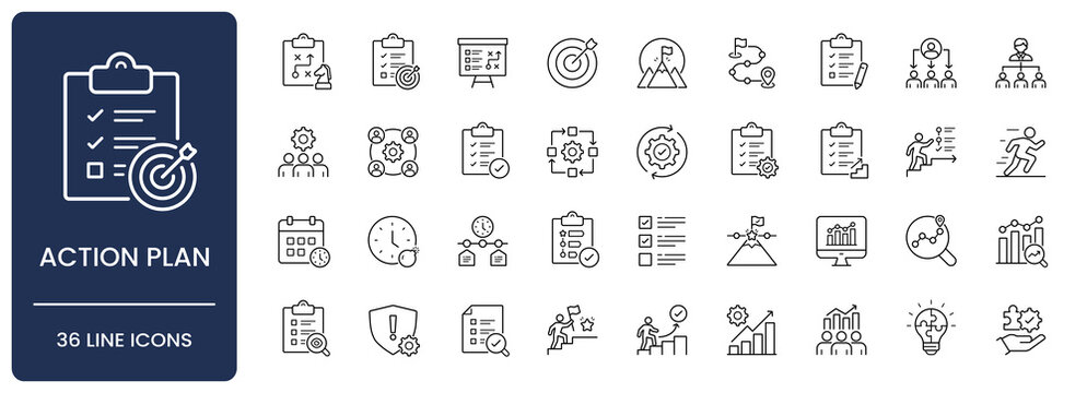 Action plan icon set. Collection of business strategy, project execution, workflow progress, milestone achievement and team collaboration line icon vector illustration with editable stroke.