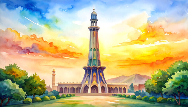 Colorful sunset over a historic lighthouse. Scenic landscape with vibrant sky and lush greenery.