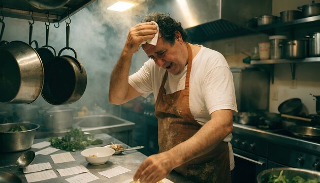 Exhausted and stressed chef wiping sweat in a busy restaurant kitchen