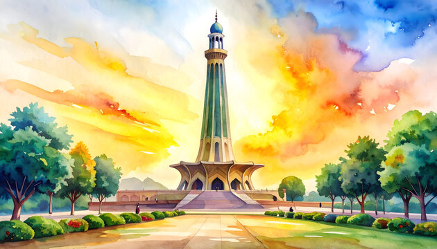 Colorful watercolor of a tall tower in a park setting. Artistic cityscape with vibrant sky and lush greenery.