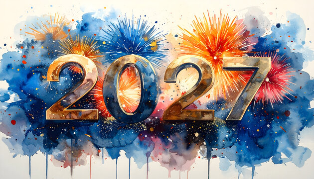 Celebratory fireworks display for New Year 2027. Bright colorful explosion with festive atmosphere, vibrant celebration scene.