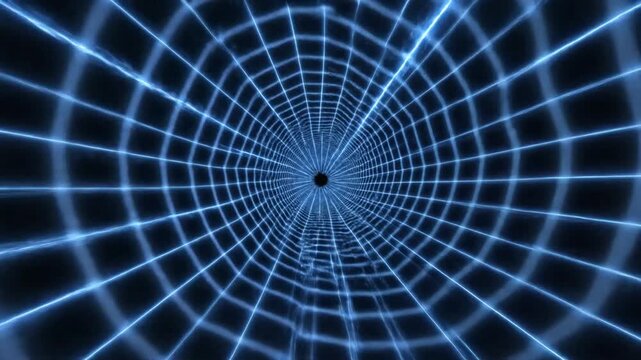 Glowing blue digital grid tunnel in dark space