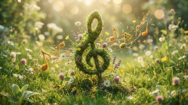 Green treble clef and musical notes made from grass and flowers grow in a sunny meadow.