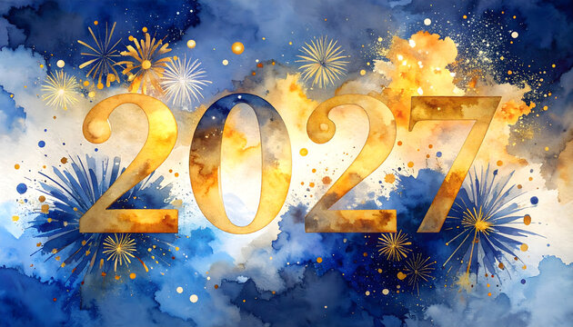Celebratory 2027 Fireworks Display with Bright Colors and Sparkles. Festive New Year Celebration with Fireworks and Fireflies.