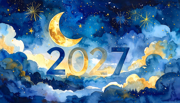 Night sky with glowing fireflies and moon. Dreamy celestial scene with stars and clouds.