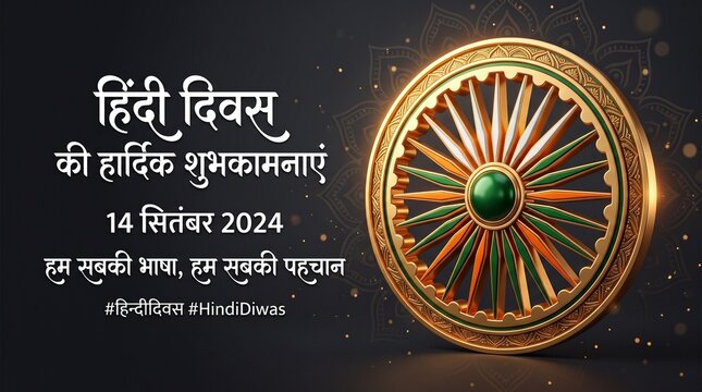 Hindi Diwas Greeting Banner with Tricolor Ashoka Chakra Illustration and Hindi Typography on Dark Background