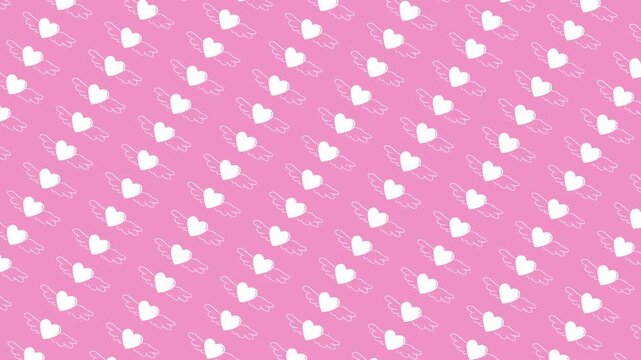 羽が生えた手描きのハートがタイル上に並んで斜め上に飛んでいくループ背景