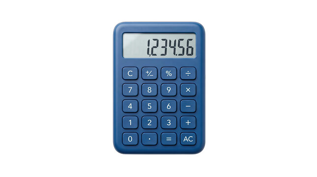 A sleek blue calculator with a digital display screen showing numerical values.
