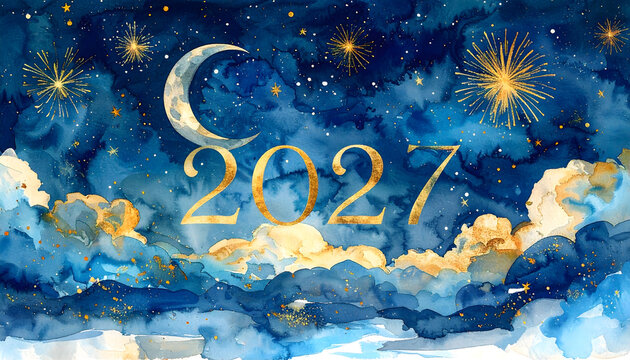 Night sky with glowing fireflies and stars. Celebratory scene for New Year 2027.