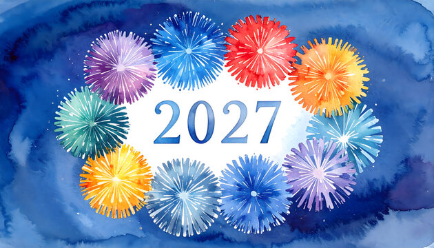 Colorful fireworks display celebrating New Year 2027. Festive celebration with vibrant explosions and joyful atmosphere.