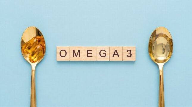 Two golden spoons hold omega-3 capsules on either side of wooden tiles spelling "OMEGA 3" on a light blue background.