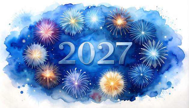 Celebratory fireworks display for New Year 2027. Bright colorful explosions illuminate night sky, festive celebration scene with vibrant lights and...