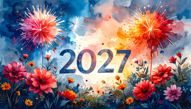 Celebratory fireworks display for New Year 2027. Festive scene with vibrant colors and blooming flowers, capturing joyful celebration and hope.