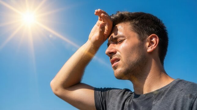 Man wipes sweat from forehead under bright sun on a hot summer day.