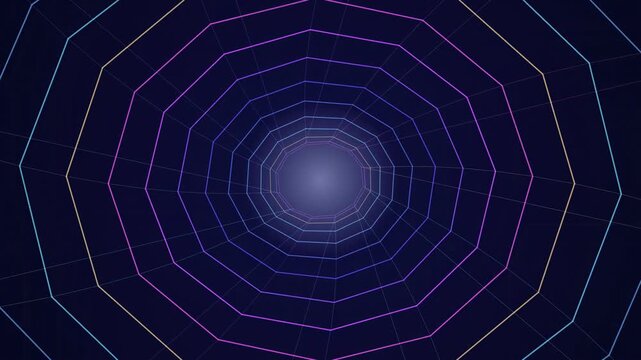 Neon polygonal tunnel. Concentric octagons create illusion depth. Bright center draws viewer inward, dark background contrasts vividly.