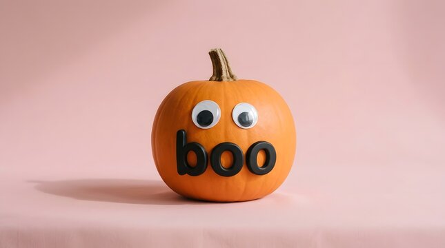 A cute orange pumpkin with googly eyes and the word boo written on it, set against a soft pink background