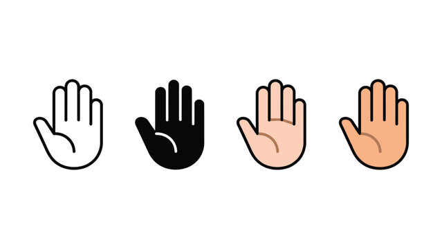 Four cartoon hands with palm facing front in different colors and styles