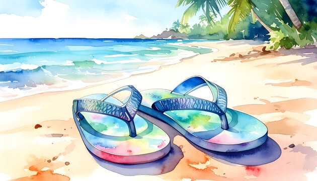 Colorful flip-flops on a sunny beach. Casual summer footwear by the shoreline.