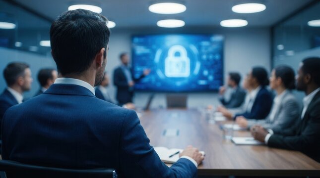 Corporate team attends cybersecurity awareness training session in modern office.