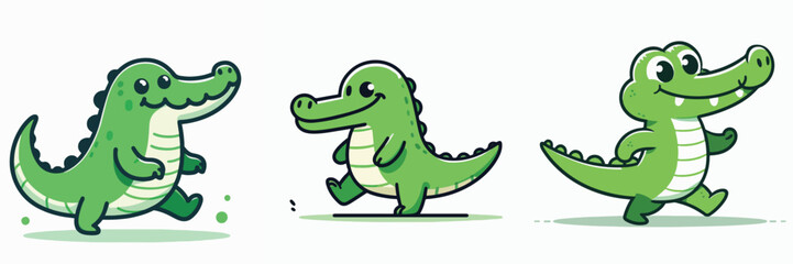 Fototapeta premium Cute Baby Crocodile Cartoon Character Set, Kawaii Green Alligator Reptile Illustration Collection for Kids Book and Safari Sticker Design