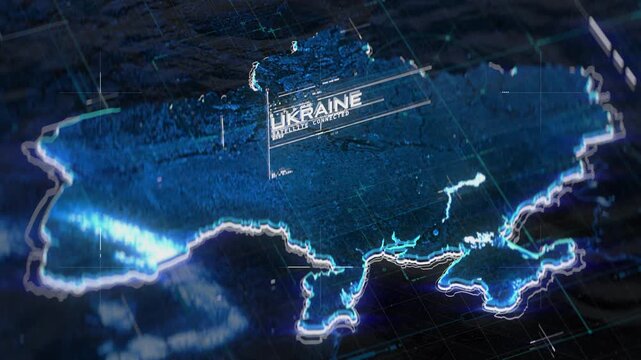 Digital map of Ukraine with HUD interface, geographical relief visualization
