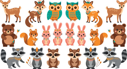 Obraz premium Cute Tribal Woodland Animals Vector Set Featuring Deer, Fox, Owl, Bear, Rabbit, and Raccoon Characters