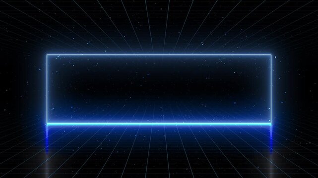 Glowing cyan grid stage visual rectangular outline, reflective floor, and deep dark presentation space. for futuristic product showcases, tech titles, virtual banners, and motion graphics.