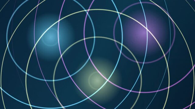 Abstract design features glowing circles, intersecting lines. Dark background enhances vibrant colors, creating dynamic visual effect.