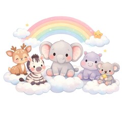 Obraz premium Cute baby animals on clouds with rainbow pastel nursery illustration
