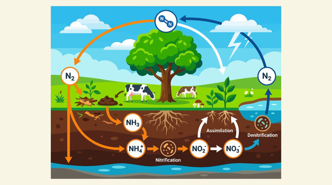 Educational Nitrogen Cycle Infographic featuring flat vector illustration of biological and chemical processes in nature. Ideal for science textbooks and biology presentations.