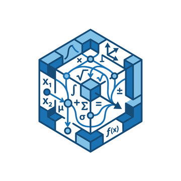 Isometric cube featuring complex mathematical and physics equations.