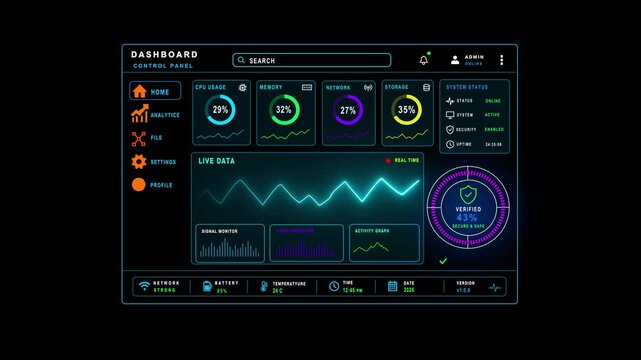 Advanced Futuristic Digital Control Panel with AI HUD Interface and Neon Data Display