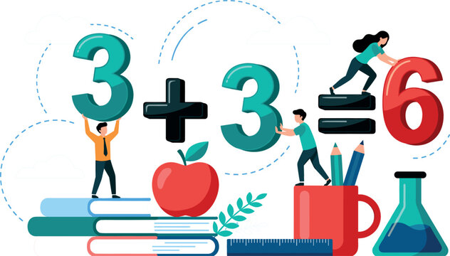 Mathematics Education Concept with Little People Solving Math Equations, Counting Numbers, and School Supplies for Elementary Learning Web Banners and Class Posters