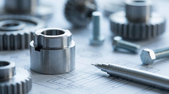 Detailed technical blueprints with metal machine parts and a silver pen for engineering projects.