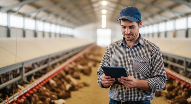 Farmer using a tablet to monitor poultry health inside a modern chicken farm building